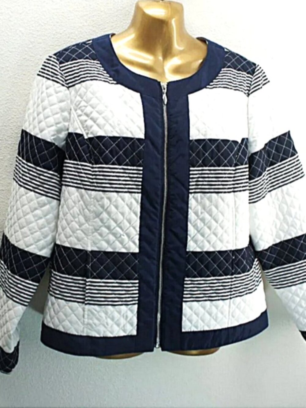 Chico's Blue White Stripe Zip Quilted Jacket size 2